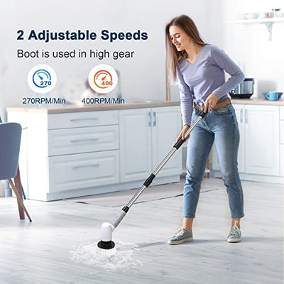 Cordless Electric Spin Scrubber,Cleaning Brush Scrubber for Home, 400RPM/Mins-8 Replaceable Brush Heads-90Mins Work Time