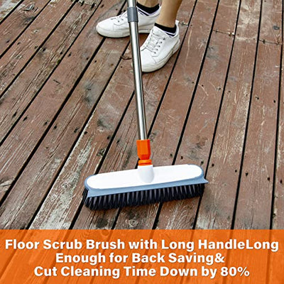 XUCAI Scrub Brush for Floor Cleaning,12" Wide Brush Head with Rubber Squeegee & Stiff Bristles,Heavy Duty Tile Brush with Long Handle for Bathroom,Walk in Shower, Carpet, Wall,Boat Deck